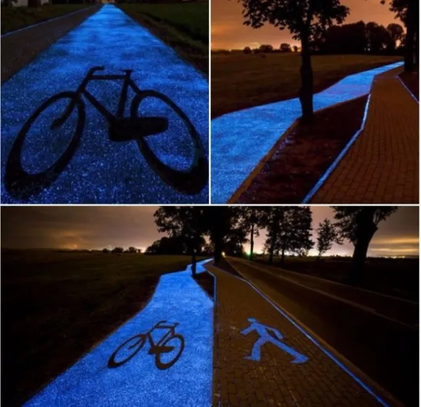 Pista de biciclişti care se încarcă de la lumina soarelui şi rămâne aprinsă toată noaptea