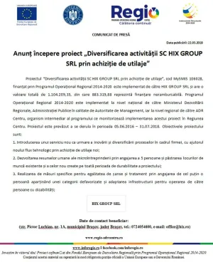 Diversificarea activităţii SC HIX GROUP SRL prin achiziţie de utilaje