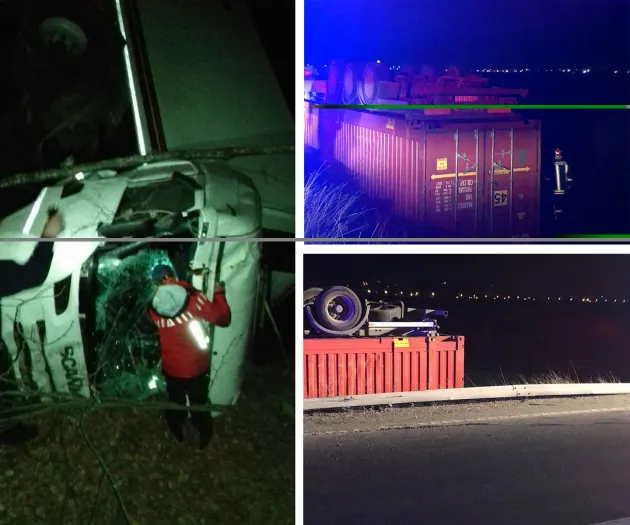 Două TIR-uri cu roţile în sus, unul pe Centură, altul pe DN1A