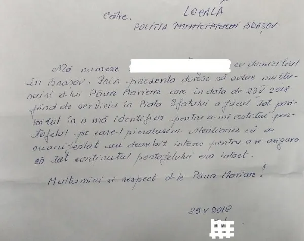 Mulțumirile unei pensionare pentru polițistul local care i-a găsit portofelul