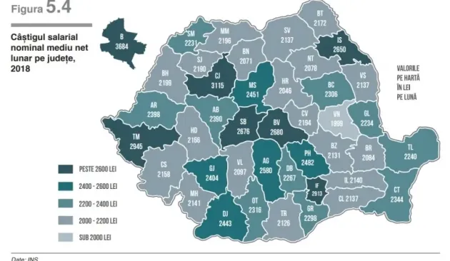Harta salariilor nete din România. Brașovul în top, dar cu mult sub Cluj
