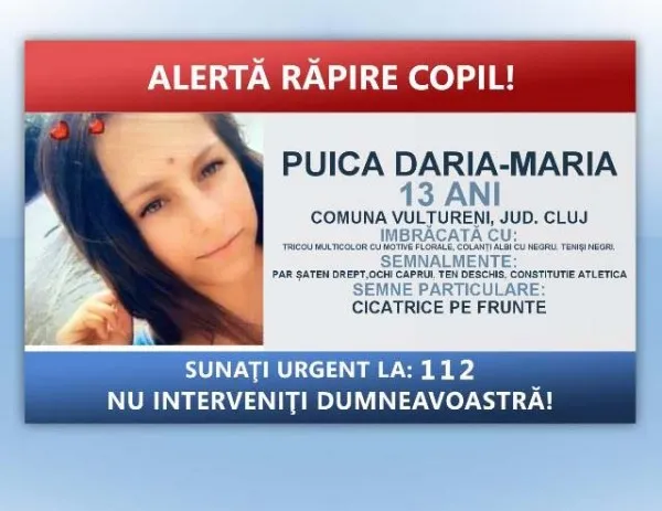 Alertă, răpitor! Fată de 13 ani din Cluj, căutată şi la Braşov.  Dacă nu o recunoaşteţi pe ea, poate îl ştiţi pe suspect