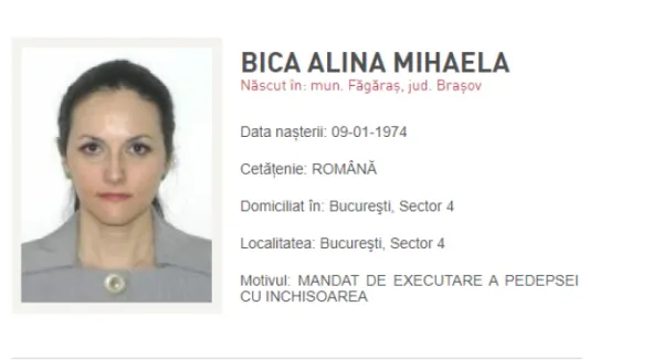 Alina Bica, 4 ani de închisoare. Făgărăşeanca a fost dată în urmărire, fotografia ei fiind publicată ieri pe site-ul Poliţiei Române
