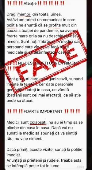 Poliţia, victimă a fake news: „Sunt hoţi îmbrăcaţi în medici care vin să facă teste medicale” 