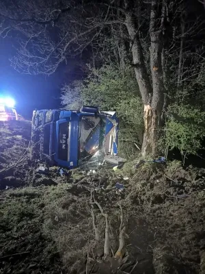 Autocamion și autoutilitară răsturnate pe DN 13