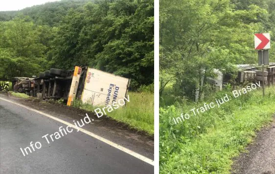 Camion răsturnat pe DN13, în Pădurea Bogăţii