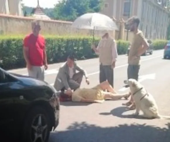 Protecția Pietonului... Șeful Corpului de Control al ANPC, misiune specială, de prim ajutor pentru o femeie culcată la pământ de o mașină, în centrul Brașovului