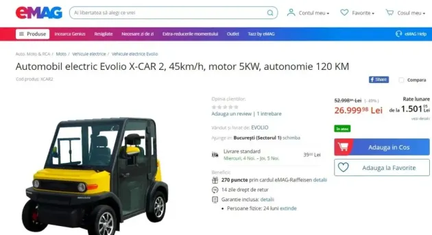 5.500 euro, preţul celei mai ieftine maşini electrice. Aceasta poate fi cumpărată de pe… eMag