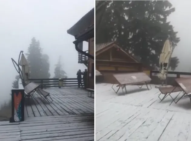 Prima zăpadă în Brașov: A nins, ieri, la Cabana Postăvaru