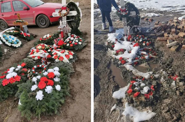 Au tras o beţie pe mormântul unui bebeluş din Făgăraş. Şi s-au încălzit la focul făcut cu... coroane