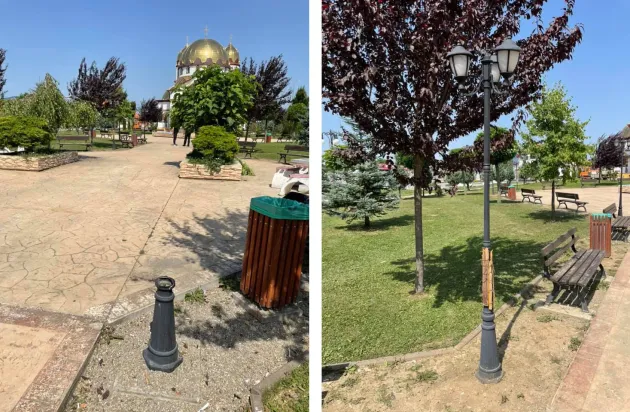 Stâlp cu „atele”, în „parcul ecumenic” din Ghimbav