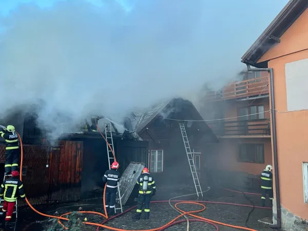 Foc în Moieciu de Jos: Şură plină cu fân, 9 vaci şi 5 porci salvaţi la timp