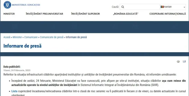 Lista şcolilor expertizate pentru risc seismic din toată ţara, actualizată săptămânal de Ministerul Educaţiei. Care este situaţia la Braşov