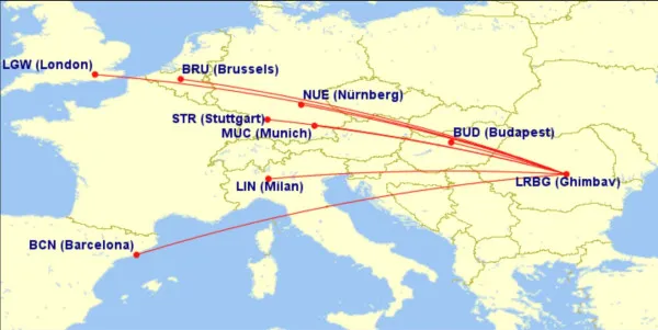 Direct din Braşov, în fiecare săptămână: Barcelona, Bruxelles, Budapesta, Londra, Milano, Munchen, Nurnberg, Stuttgart