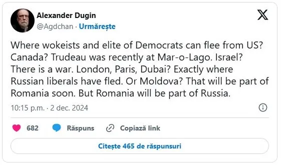 Cam aşa „joacă” Rusia. Postare pe un cont atribuit lui Alexandr Dughin: „România va fi parte a Rusiei” 