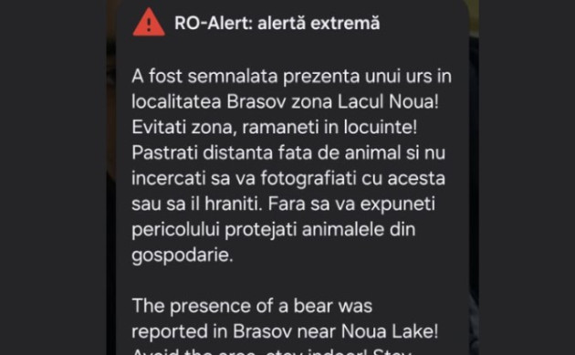 Urs în Noua. Mesaj RO-Alert