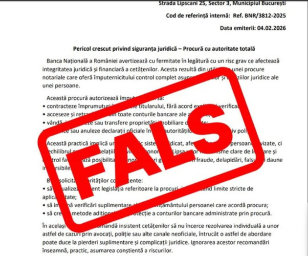 „Pericol crescut privind siguranţa juridică – Procură cu autoritate totală”. BNR: e un fals, nu distribuiţi